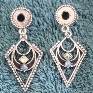 Silver Tone Long Triangle/2 Stone Drop Ear Gauges/Plugs/Tunnels 2g/6mm